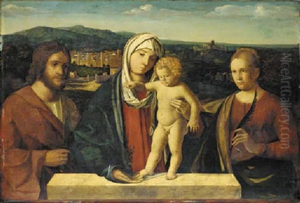 The Madonna And Child With Saints Bartholomew And Catherine, Behind A Stone Ledge Oil Painting by Giovanni Bellini