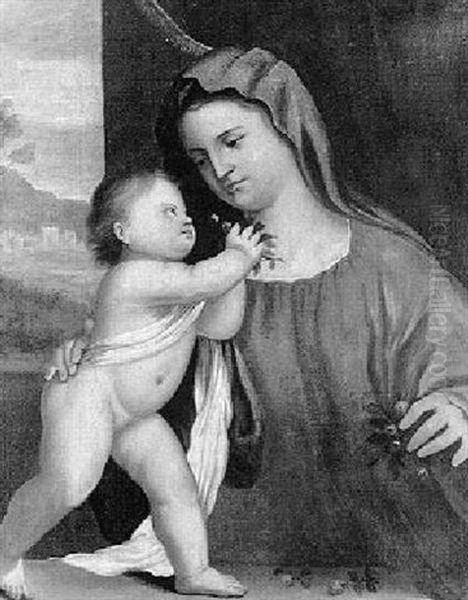 Madonna And Child With Landscape Beyond Oil Painting by Giovanni Bellini