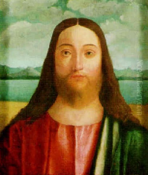 Portrait Of Christ, A Landscape Beyond Oil Painting by Giovanni Bellini