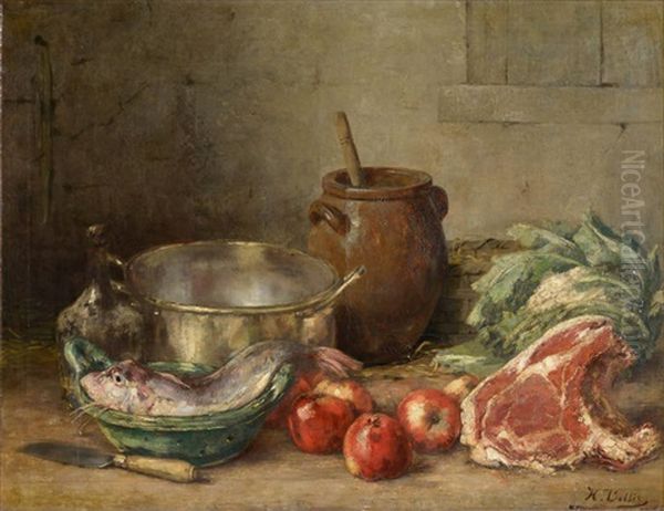 Nature Morte Aux Fruits, Legumes, Poissons Et Viandes Oil Painting by Hubert Bellis