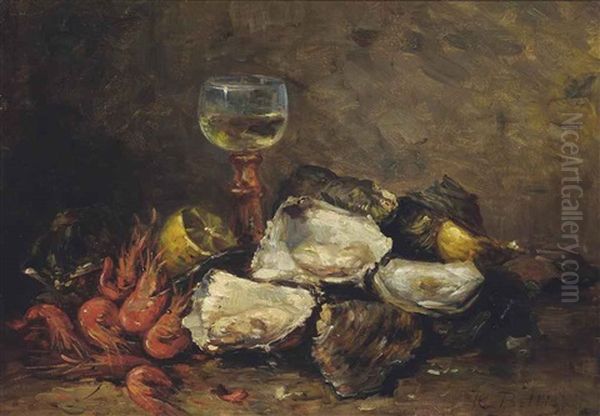 Oysters And Prawns With A Glass Of Wine Oil Painting by Hubert Bellis