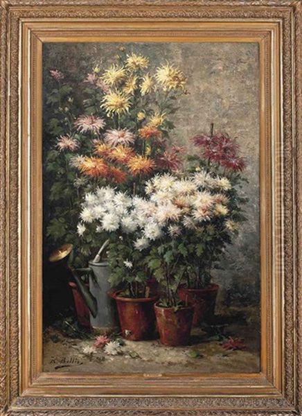 Chrysanthemums Potted In The Garden Oil Painting by Hubert Bellis