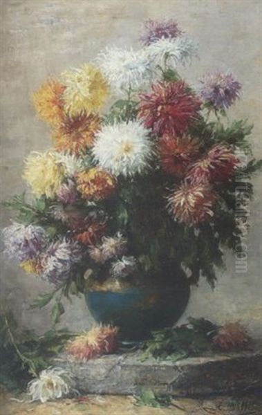 Chrysanthemen In Blauer Vase Oil Painting by Hubert Bellis