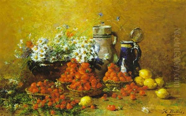 Wiesenblumenstraus Mit Erdbeeren Und Zitronen Oil Painting by Hubert Bellis