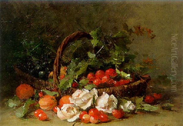 Grapes, Strawberries, Apricots And Cherries In A Wicker Basket Oil Painting by Hubert Bellis