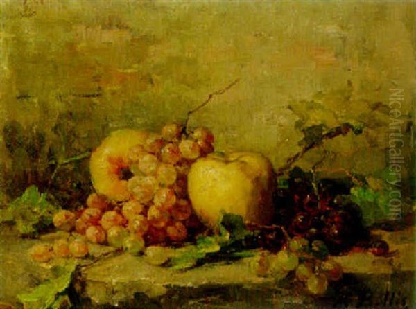 Apples And Grapes On A Stone Ledge Oil Painting by Hubert Bellis