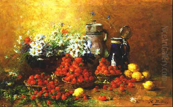 Wiesenblumenstraus Mit Erdbeeren Und Zitronen Oil Painting by Hubert Bellis