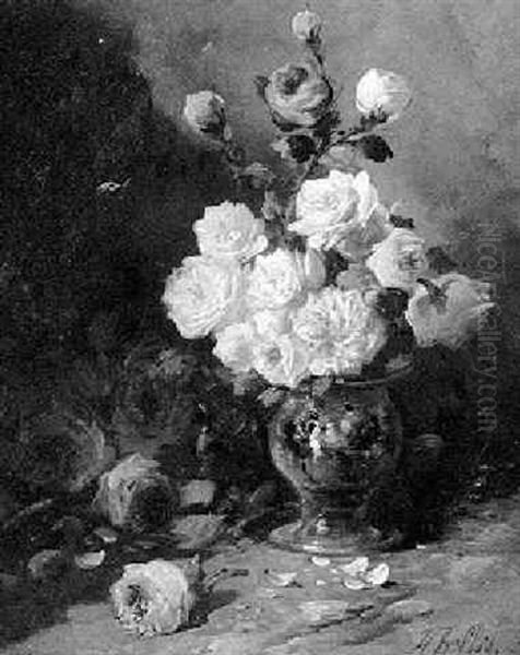 Aufgebluhte Rosen In Einer Keramikvase Oil Painting by Hubert Bellis