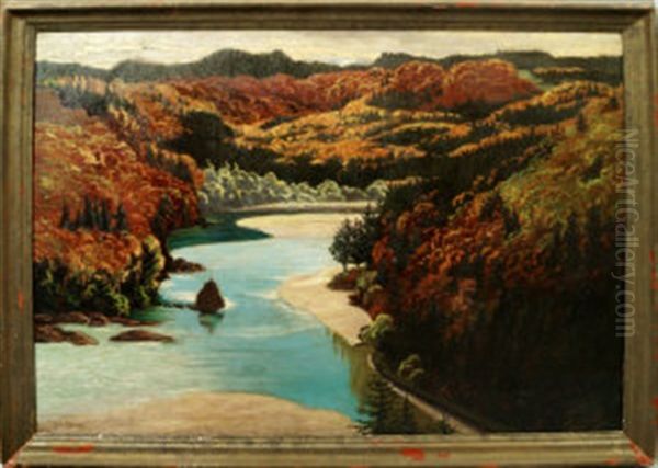 Extensive Mountain River Landscape Oil Painting by Felipe Bello Pinero