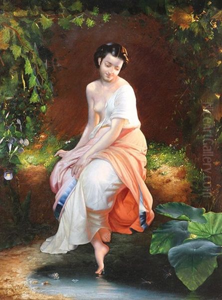 Untitled  (lady Seated By A Pond) Oil Painting by Andrei Franzowitsch Belloli