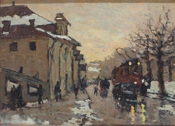 A Tram In A Winter Street Oil Painting by Giorgio Belloni