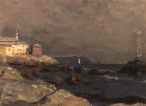 Houses On A Rocky Cliff Oil Painting by Giorgio Belloni