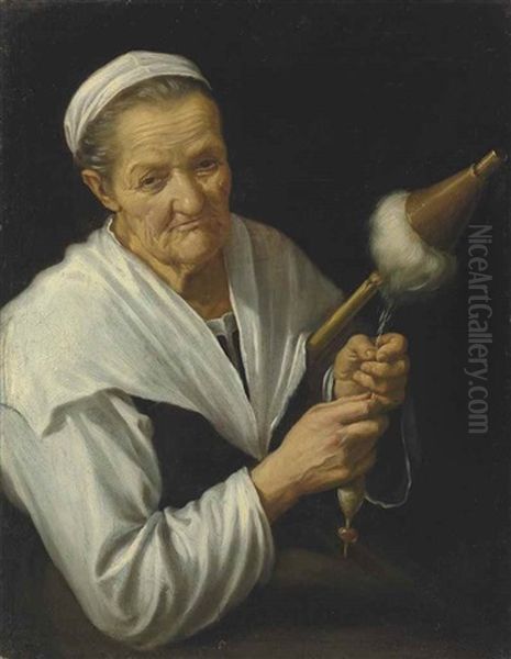 An Old Woman Spinning Thread Oil Painting by Pietro Bellotti