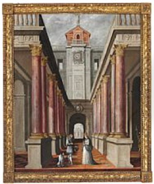 Palace Exterior With An Elegant Couple Oil Painting by Pietro Bellotti