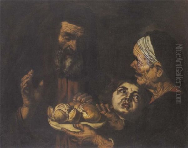 Genreszene: Eine Alte Baurin Reicht Einem Alten Mann Zwei Brote (scena Di Genere: Una Vecchia Contadina Porge Due Pagnotte Di Pane A Un Vecchio Con Barba) Oil Painting by Pietro Bellotti