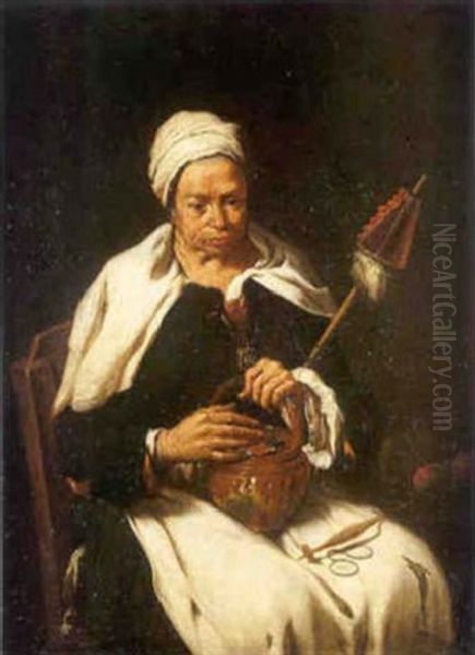 Portrait De Vieille Femme Tenant Un Brasero Et Une Quenouille Oil Painting by Pietro Bellotti