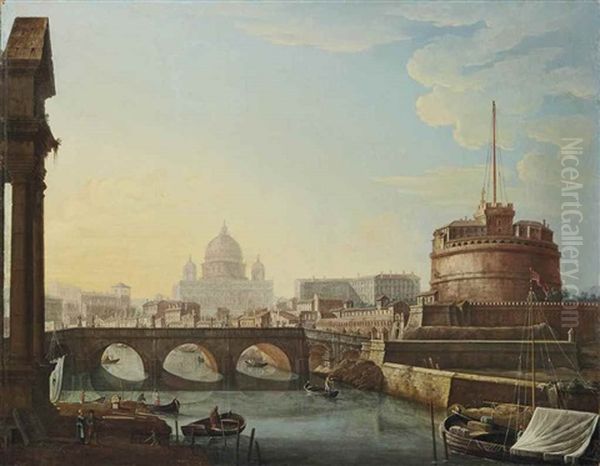 Vue Du Pont Saint-ange, Du Chateau Saint-ange Et De La Basilique Saint-pierre Oil Painting by Pietro Bellotti