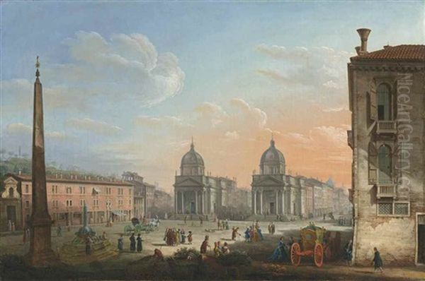 The Piazza Del Popolo, Rome, Looking Towards The Churches Of Santa Maria Di Montesanto And Santa Maria Dei Miracoli Oil Painting by Pietro Bellotti