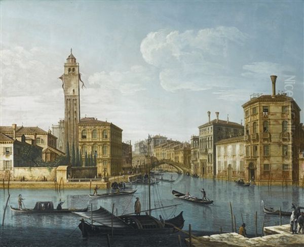 Venice, The Grand Canal At The Entrance To The Cannaregio With The Church Of San Geremia And The Palazzo Labia Oil Painting by Pietro Bellotti