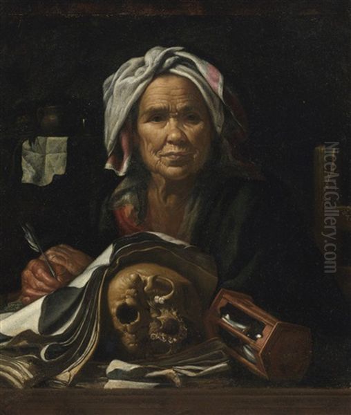 An Old Philosopher At Her Desk, With A Vanitas Skull And An Hourglass Oil Painting by Pietro Bellotti