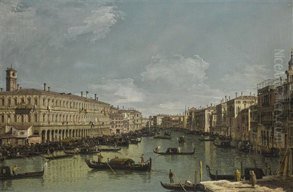 Venice, A View Of The Grand Canal Looking North From Near The Rialto Bridge, With The Fabbriche Nuove On The Left Oil Painting by Bernardo Bellotto