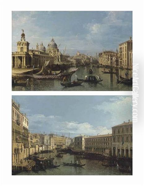 Venice: The Entrance To The Grand Canal; And The Grand Canal From The Ca' Da Mosto To The Fabbriche Nuove, With The Rialto Bridge Oil Painting by Bernardo Bellotto