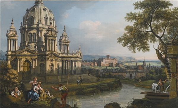 A Capriccio River Landscape With A Church To The Left Oil Painting by Bernardo Bellotto