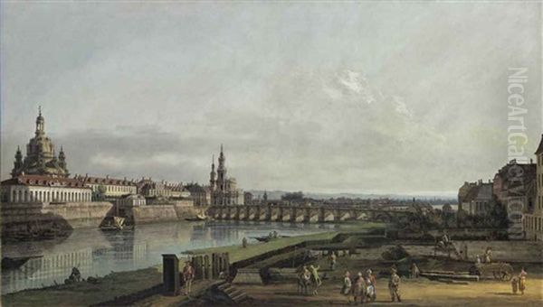 Dresden From The Right Bank Of The Elbe Above The Augustus Bridge Oil Painting by Bernardo Bellotto