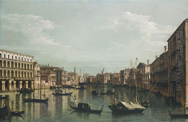 Venice, A View Of The Grand Canal Looking South From The Palazzo Foscari And Palazzo Moro-lin Towards The Church Of Santa Maria Della Carita, With Numerous Gondolas And Barges Oil Painting by Bernardo Bellotto