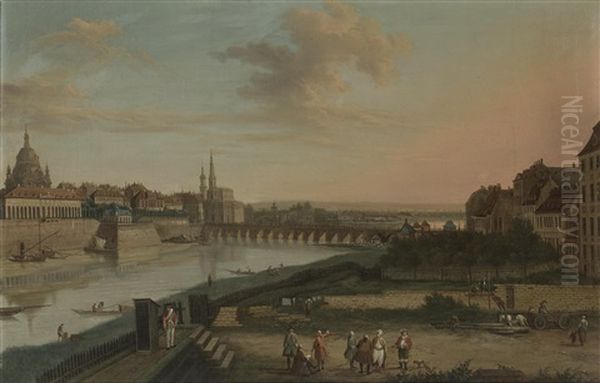 Dresden From The Right Bank Of The Elbe Below The Augustus Bridge At Dresden From The Right Bank Of The Elbe Above The Augustus Bridge (pair) by Bernardo Bellotto