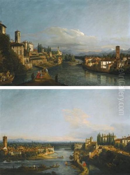 A View Of Vaprio, On The Left And Canonica, On The Right Looking North-west From The West Bank Of The Adda, Near The Brembo Confluence; A View Of Canonica, On The Left And Vaprio, On The Right Looking South From The Monasterolo On The West Bank Of The Add Oil Painting by Bernardo Bellotto