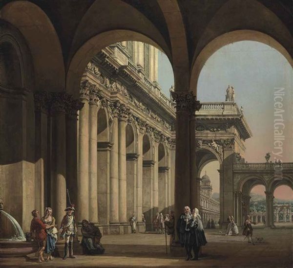 An Architectural Capriccio With Figures And A Soldier By A Pond, And Others In The Courtyard Beyond Oil Painting by Bernardo Bellotto