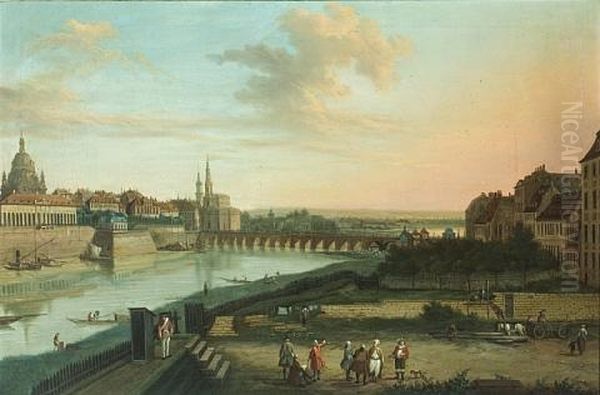 Dresden From The Right Bank Of The Elbe Below The Augustus Bridge (+ Dresden From The Right Bank Of The Elbe Above The Augustus Bridge; Pair) Oil Painting by Bernardo Bellotto