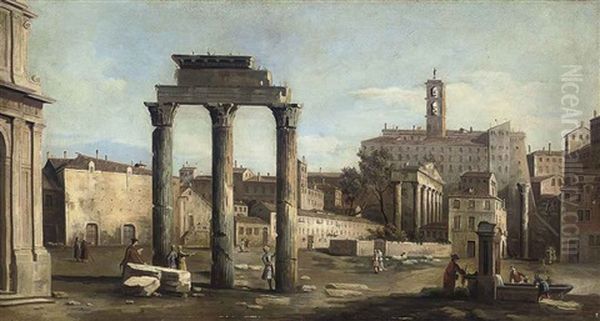 The Forum With The Temple Of Castor And Pollux, Rome Oil Painting by Bernardo Bellotto