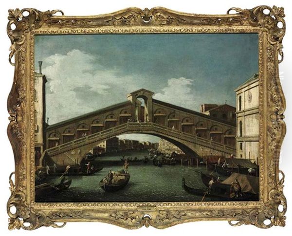 The Rialto Bridge, Venice, On The Grand Canal, Looking South-east, With The Fondaco Dei Tedeschi On The Right Oil Painting by Bernardo Bellotto