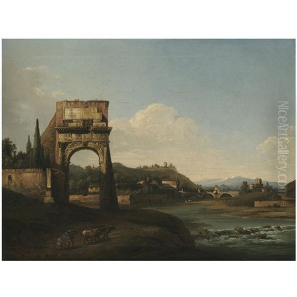 A River Landscape With A Ruined Classical Arch And A Herder And His Cattle In The Foreground Oil Painting by Bernardo Bellotto