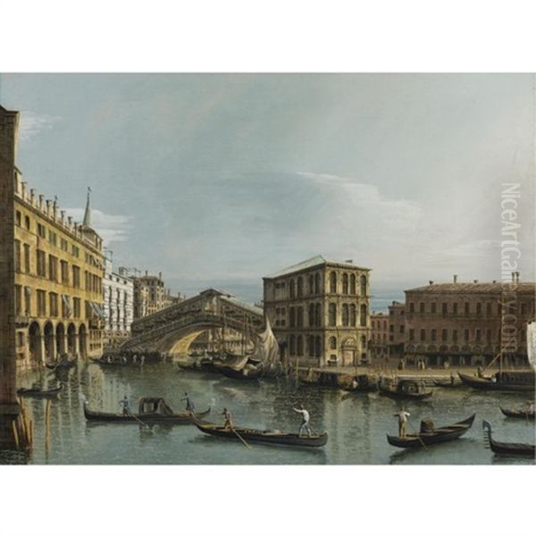 Venice; View Of The Grand Canal With The Rialto Bridge, Seen From The North, The Fondaco Dei Tedeschi At Left, The Palazzo Dei Camerlenghi And The Fabbriche Vecchie Di Rialto At Right Oil Painting by Bernardo Bellotto