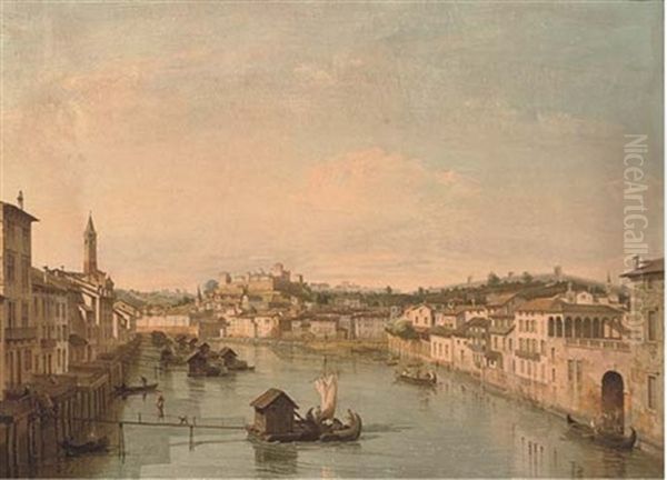 The River Adige From The Ponte Nuovo, Verona Oil Painting by Bernardo Bellotto