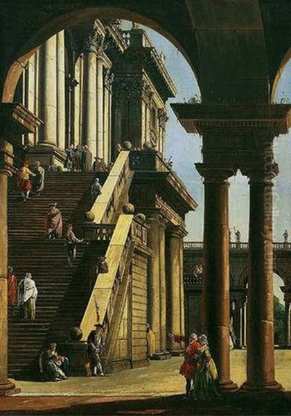 A Capriccio Of The Palazzo Del Senatore, Rome Oil Painting by Bernardo Bellotto