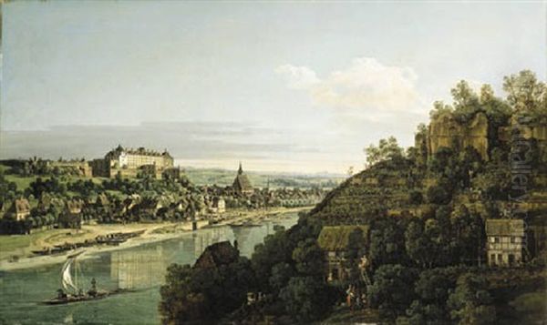 Pirna On The Elbe, With Schloss Sonnenstein, The Marienkirche And The Spire Of The Rathaus Oil Painting by Bernardo Bellotto