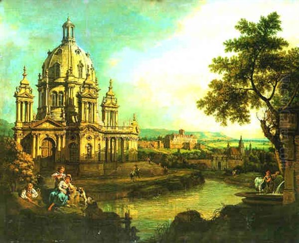 Paysage Imaginaire Avec Une Vue Fantaisiste De La Frauenkirche De Dresde, La Forteresse De Sonnenstein Et La Marienkirche De Pirna Oil Painting by Bernardo Bellotto