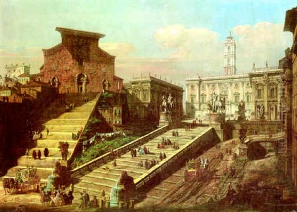 The Piazza Del Campidoglio And The Church Of S. Maria In Aracoeli, Rome Oil Painting by Bernardo Bellotto