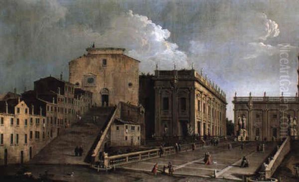 Piazza Del Campidoglio, Santa Maria D'aracoele, And The Cordonata, Rome Oil Painting by Bernardo Bellotto