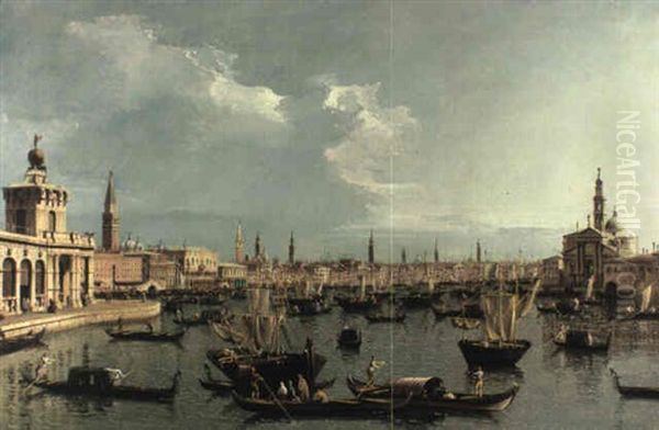 The Bacino Di San Marco, Venice With The Dogana And Numerous Boats Oil Painting by Bernardo Bellotto