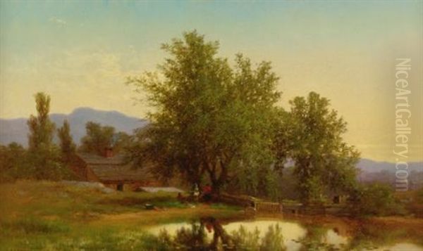 Landscape With Pond, Barn And Figures Oil Painting by Albert Fitch Bellows