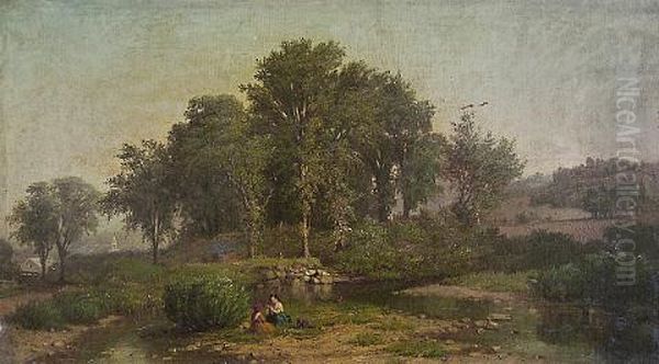 Girls Playing By A Stream On The Edge Of Town Oil Painting by Albert Fitch Bellows