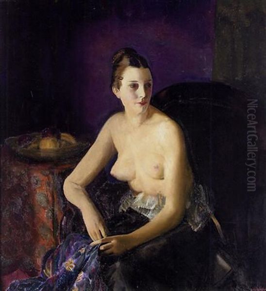 Nude Girl With Fruit (seated Semi-nude) Oil Painting by George Bellows