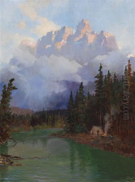 Morning Campfire Below Castle Mountain Oil Painting by Frederic Marlett Bell-Smith