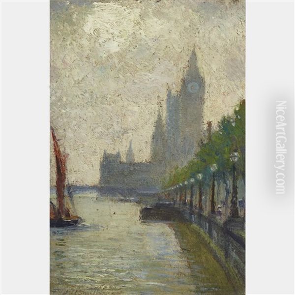 Westminster Bridge, Thames Embankment Oil Painting by Frederic Marlett Bell-Smith