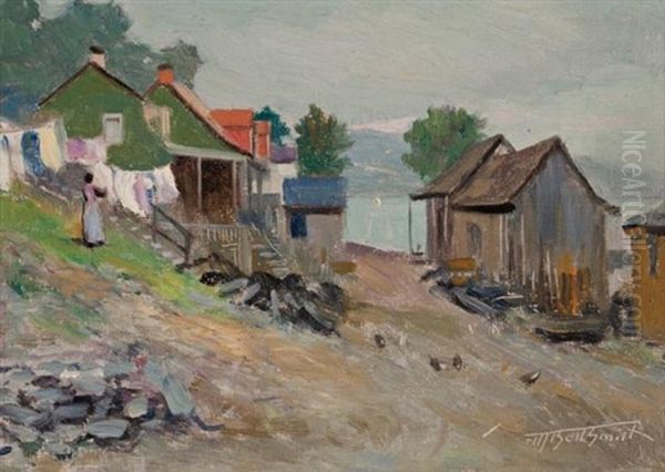 Hanging Laudry, West Coast Village Oil Painting by Frederic Marlett Bell-Smith